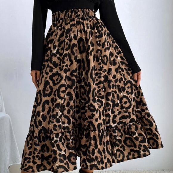 Boho Camel Tan Leopard Print Ruffle Midi Skirt - Picture 4 of 4